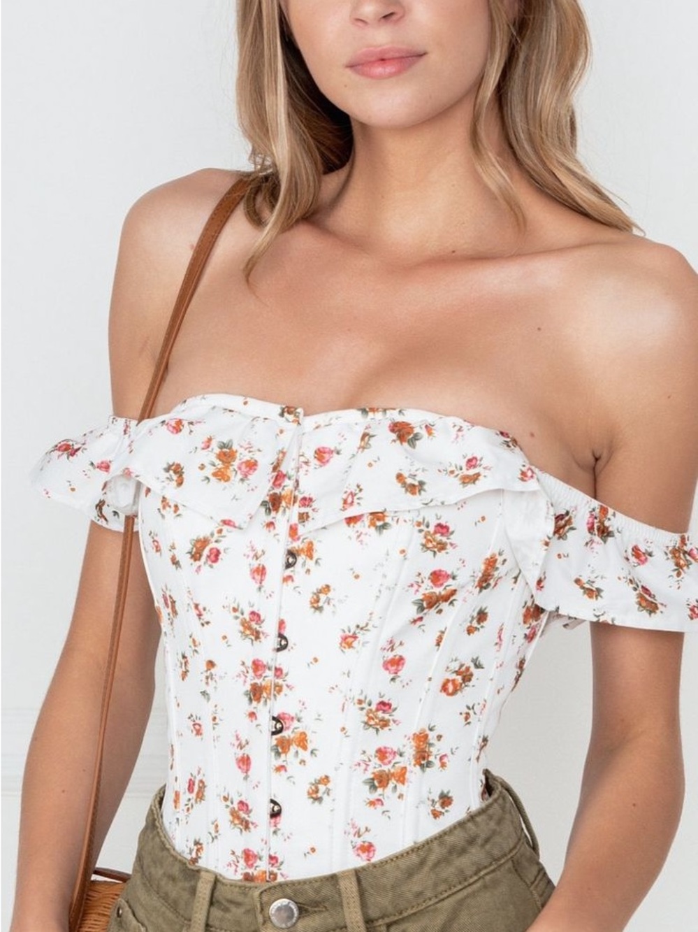 White Floral Off-Shoulder Corset Crop Top